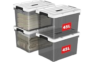 Cetomo 45L*4 Storage Boxes, Carry Plastic Storage Box with Lids, Organizing Container with Handle and Secure Latching Buckles, Stackable, Nestable, Tote Bin for Home Clothes, 45L-4Pack, Clear Black