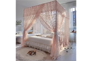 VNOOK 4 Corners Post Princess Canopy Bed Curtains Mosquito Net Bed Drapes Play Tents Room Decoration for Indoor Outdoor(Pink,150x200cm)