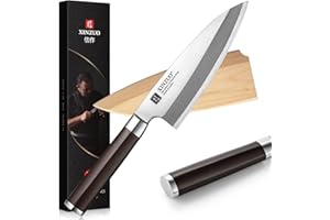 XINZUO Coltello Deba in acciaio inox X8Cr14MoV, 18 cm, Sashimi Sushi giapponese, lama singola, coltello da cucina professionale, manico in ebano, con fodero in legno di betulla