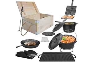 YRHome Four Néerlandais 11 Pièces dans Une Caisse en Bois, Dutch Oven Set Comprenant Gaufrier, Casserole à Sauce, Plaque de Barbecue en Fonte, Ensemble De Pôeles De Cuisson avec Boîte de Rangement