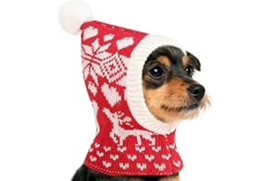 Pawaboo Weihnachtsmütze für Hunde, Lustige Gestrickte Weihnachtsmütze mit Bommel, Gehäkelte Snood-Wintermütze mit Ohrenklappen, Halswärmer-Kapuze für Mittelgroße Hunde, XS, Weihnachtshirsch Rot