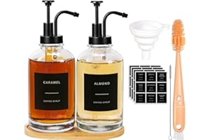 UNU Kaffee Sirup Spender Glas Set, Kaffeesirup Pumpspender mit Schwarzer Pumpe, 2 Stück Glassirupflasche mit 36 Etiketten und Flaschenbürste, Trichter, Tablett, 16,9 oz 500 ml