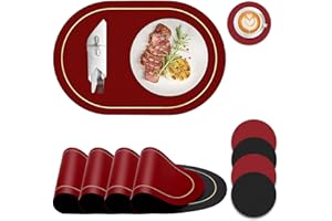 BEIJIE Placemats, PU Leather Place Mats and Coasters Set of 4, Dual Color Sided Heat Resistant Table Mats Non-slip Washable Wipeable Kitchen Place Mat Large for Home Indoor Outdoor Dining45x 30cm(Black Red)