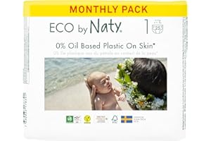 ECO by Naty Couches Ecologiques pour Bébé - Couches écologiques à base de plantes, parfaites pour la peau sensible de bébé et qui empêchent les fuites (Taille 1 - 100 couches) - Pack 1 mois