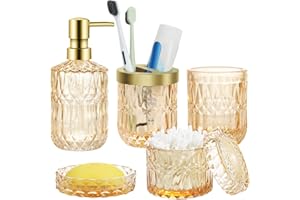 ATLDMPHIC Bathroom Accessories Set, 5PCS Glass Bathroom Accessories Complete Set of Lotion Dispenser, Includes Soap Dispenser, Soap Dish, Toothbrush Holder, Tumbler and Jar, Stylish Modern Bathroom Decor (Gold)