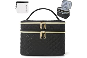 WIKSITE Large Makeup Bag Cosmetic Bags for Women Double Layer Make Up Travel Bag Organiser with Brush Compartments, Storage Case Portable & Water-Resistant, Vanity Cases Toiletry Bag Travel Essentials - Black