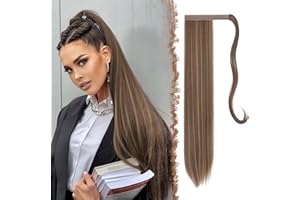 FESHFEN Postiche Queue de Cheval Extension de Cheveux Longue Raides Extension de Cheveux Ponytail Synthétique Rajout Cheveux pour Femmes, Brun doré Blond mixte 70 cm