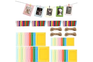 JIUJUDA9 40 Pcs Cardboard Photo Frames, Paper Cardboard Picture Framess, Colorful Card Photo Frames with 40 Mini Wooden Pegs Mini Pegs and String 3 Rolls, for Photos 3" 4" 5" 6", Home Wall Decorations