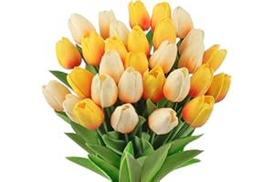 ‎N&T NIETING N&T NIETING künstliche Tulpen, 12 Stück Tulpen-Kunstblumen mit realistischem Touch, Kunstblumen für Hochzeitssträuße, Tischdekoration, Muttertag, Heim-Deko（Gelb und weiß）