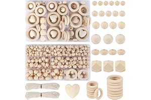 Minnhua 416 Stück Holzperlen Makramee Set Holzringe zum Basteln Holzperlen zum Auffädeln Holzkugeln mit Loch Holzperlen Natur Runde Holzperlen für DIY Schmuck Herstellung mit Bastelseilen