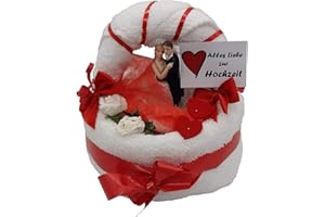 Frotteebox Geschenk Set Brautpaar auf Torte in Handarbeit geformt aus 2X Gästetuch (50x30cm) und 1x Gästetuch (30x30cm) weiß