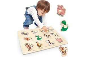 GOVVAY Wooden Peg Puzzles for 1 2 3 Year Olds, Animals Pattern Educational Learning Kids Toys for Girls Boys Gifts, Birthday, Christmas, Easter and Children's Day