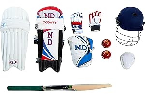 ND SPORTS ND County Cricket Kit 10Pc Bat Ball Pad Leg Guard Glove Bat Set UK