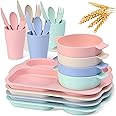 KASTWAVE Wheat Straw Dinnerware Sets, 24pcs Dishes Dinnerware Sets, Lightweight Unbreakable Dish Set, Reusable Dinner Plates Kids Plates and Bowls Sets, Dishwasher Microwave Safe Dinnerware