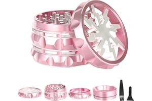 TIRIRS 2.5 Inch 4 Pieces Herb Grinder with Clear Lid - Aluminium Spice Grinder with Pollen Scraper and Cleaning Brush - Pink Body with Silver Flash on Top