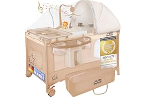 ‎ALL KIDS UNITED all Kids United® Baby Reisebett Babybett - Babycenter Kinderreisebett Kinderbett mit Matratze, Wickelauflage, Musikspiel und Mobile (Beige)