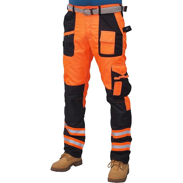 Pantalon De Sécurité Homme RAK - Haute Visibilité Orange/Noir, Genouillères Cordura, Taille Adjustable
