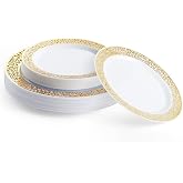 MATANA 40 Premium White Plastic Plates with Gold Rim, 2 Sizes - Elegant and Reusable - Sturdy Tableware for Weddings, Birthda