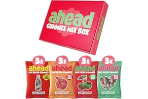 ‎AHEAD ahead Fruchtgummis Probierpaket 12 x 50g Großpackung | Gummibärchen ohne Zuckerzusatz | Nur 1g Zucker & 73 kcal pro Packung | Low Carb Süßigkeiten | Sweet Peaches, Cola, Sour Cherries, Fluffy Hearts