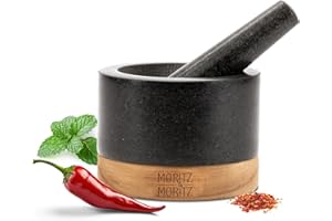 Moritz & Moritz Granite Mortar and Pestle Set - 14cm (5,1") Large Pestle and Mortar with Wooden Base - Heavy Duty Stone Grinder for Spices, Herbs, Pastes - Premium Kitchen Gift Set
