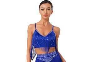 inlzdz Damen Latein Tanz Oberteil Ärmellos Tanztop Tank Top mit Quasten Fransen V-Ausschnitt Bauchtanz BH Wettbewerbe Auftritt Tanz Kostüm