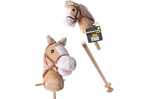 TE-Trend Steckenpferd mit Sound – 95 cm zweiteiliges Hobby Horse für Kinder, Holzstab & Plüschkopf, Reitspielzeug mit Rollen, Hobby Horsing Bewegungsspielzeug ab 3 Jahren