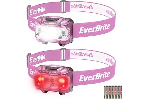 EverBrite Lampe Frontale avec 3 Lumières Blanche, Rouge et Verte, 300 LM, 5 Modes d'Eclairage, Torche Frontale Réglable pour Pêche, Camping, Lecture, Randonnée, 6 Piles AAA Incluses (Rose)