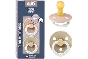 BIBS Colour Glow Soother 2-Pack, Glow in The Dark BPA Free Dummy Pacifier, Round Nipple. Natural Rubber Latex, Size 2 (6-18 Months), Blush Night/Vanilla Night