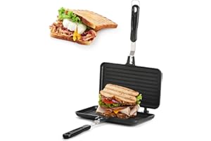 SOUJOY Sandwich-Maker, antihaftbeschichtet, Grillpfanne mit Griff, Herdplatte, geröstetes Aluminium, Flip-Pfanne für drinnen und draußen, Camping, Zuhause, Küche, Frühstück