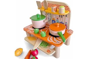 Bee Smart Wooden Kitchen Toy Set | Kids Pretend Playset With Pots, Pans, Food, Chopping Board & Utensils | Fruit & Vegetables Toy for Role Play & Imaginative Play | Birthday Gifts for Boys & Girls