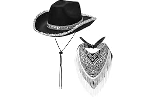 ESSECMBS 2PCS Womens Cowboy Hats + Bandana Wide Brim Western Style Sequins Cowgirl Hats & Tassel Scarf Set for Party