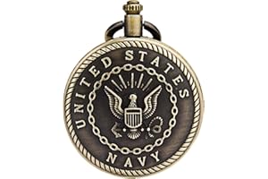 JewelryWe Montre de Poche Gousset Ronde Quartz Fantaisie Force Navale Etats-Unis Aigle Pendentif Collier Alliage pour Homme et Femme Couleur Cuivre avec Sac Cadeau