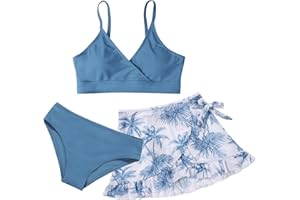 USAIBHIR Girls Swimsuit Bikini Set 3 Piece Swimming Costume with Skirt Cover Up Floral Printed Surfing Beach Swimwear 9-16 Years