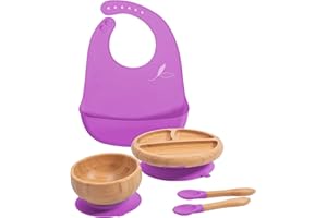 Love Earth ® - Bamboo Baby Weaning Set – 5 Piece Baby Weaning Set Including Suction Plate, Bowl, Spoons, and a Silicone Bib – Eco-Friendly Weaning Set for Babies from 3 Months to 6 Years (Purple)