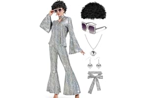 Ragelion Disco Outfit Damen,60er 70er Jahre Outfit Damen für Halloween Party mit Top Hose Zubehör