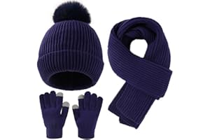 Yaopelky Juego de guantes para pantalla táctil, gorro de punto cálido con pompón, bufanda larga, calentador de manos