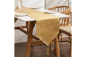 BALCONY & FALCON Table Runner with Tassels Spill-proof Machine Washable Luxury Home Table Decorative Dresser Scarves for Dining Kitchen Party Banquets Wedding Birthday (Gold, 35 x 240 cm)