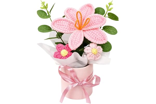 LMJOPYQ Fleur Crochet, Crochet Tulipe, Bouquet de Fleurs en Crochet pour Décoration d'intérieur, Cadeau élégant pour Anniversaire et Mariage, Tulipe Rose en Crochet Fabriquée à la Main