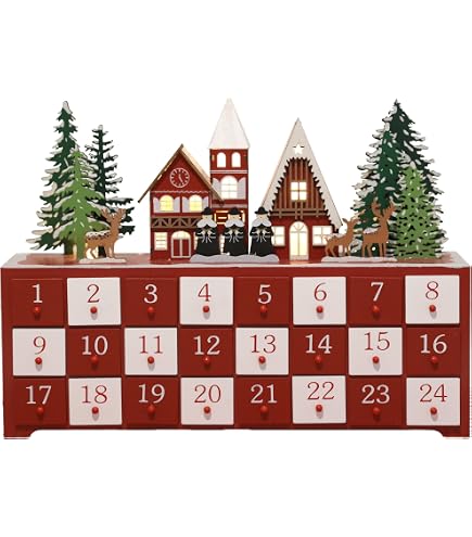 Calendrier De L'Avent En Bois Maison Blanche Avec 24 Tiroirs Et LED - Décoration Noël Magique Pour Enfants Et Adultes