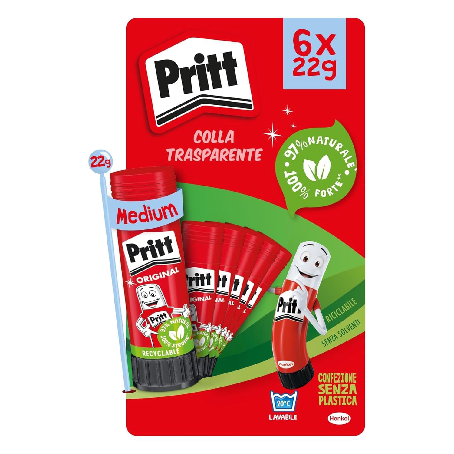Pritt Colla Stick, Colla per bambini, 6 x 22 g | Sicura, Senza solventi, Per lavoretti e fai da te, Tenuta forte, Per scuola e ufficio, Per carta, cartone, tessuto e foto