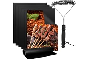XIONGHONGLONG Set 6 Pezzi Tappetino Barbecue per Gas, Tappetini BBQ per Carbonella, Tappetino da Forno Antiaderente Riutilizzabile con Spazzola per Griglia, Ritagliabile, per Barbecue a Gas, a Carbone e Forno