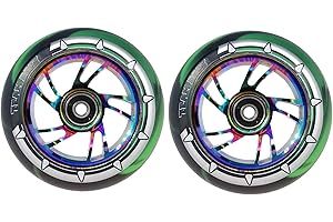 Team Dogz Pair Rainbow Neochrome Alloy Core 110mm Stunt Scooter Wheel With Mixed PU and ABEC11 Bearings (Rainbow Core, Black/Green PU)