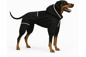 LOVELONGLONG Waterproof Dog Raincoat with Removable Hood – Outdoor Full Body Dog Jacket, Windproof Snowproof Shell Suit – All Season Pet Rain Gear Black XXL