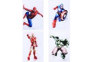 WIRHAUT 4 Stück Superhelden Aquarell Kunst Poster Kinderzimmer Bilder Set, Leinwanddruck Wandkunst Wanddekorationen Kinderzimmer Deko Anime Wandbild Malerei Jungen Geschenke 22 x 31 cm (Kein Rahmen)