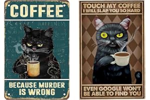 DUINIU 2 stycken svart katt kaffe tenn foton, roliga gamla tennfoton, lista över väggdekorationer, lämplig för barer och kafé