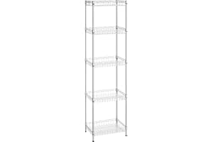 SONGMICS Metal Storage Shelf, Wire Basket Shelving Unit, Kitchen Storage Rack, 4 Hooks, PP Sheets, Adjustable Shelves, Total Load Capacity 100 kg, for Bathroom, Pantry, Small Spaces, Silver LGR105E01