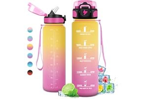 KOLLYKOLLA Gourde 1L, Gourde Sport, Gourde avec Paille Réutilisable Réutilisable, Bouteille d'eau avec Marqueur de Temps, Water Bottle pour Adulte, l'école, Cyclisme, Voyage, Camping, Fitness, Yoga, Bureau