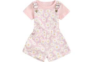 ZZLBUF Toddler Baby Girl Overalls Romper Outfit Kids Ruffle Sleeve Tops T-Shirt + Floral Suspender Pocket Shorts Clothes Set
