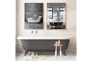 XIAOMA Cuadro de lienzo en blanco y negro con animales para cuarto de baño, con fotos de jirafa, elefante, toma un baño, divertido póster para salón, decoración del hogar, sin marco (20 x 30 cm x 2)