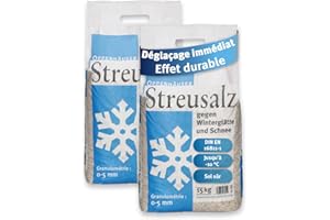 OPPENHÄUSER Sel de déneigement 30kg : efficacité immédiate et durable, DIN EN 16811-1, sel d épandage contre le verglas, pour trottoirs, allées et parkings, granulométrie M, qualité premium, 2x15kg